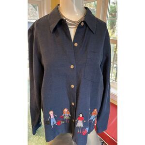 Lemon Grass Button Up "Shop 'Til You Drop" Embroidered Shoppers Blue Shirt Small